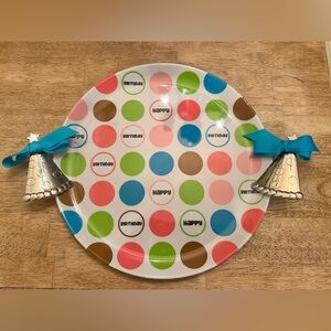 Mud Pie Polka Dot Party Platter with silver birthday hats, brand new